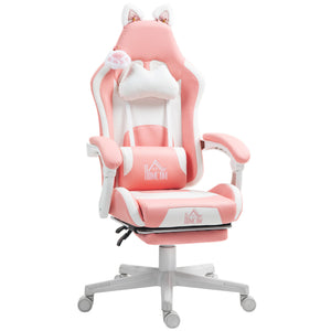 Gaming Stuhl verstellbar mit Katzenohren und Fussstütze rosa weiss