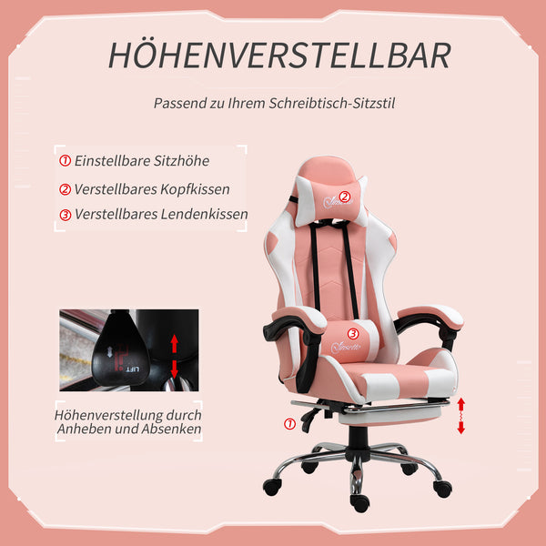 Gamingstuhl ergonomisch höhenverstellbar Kunstleder rosa weiss