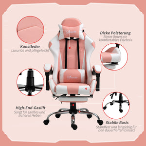 Gamingstuhl ergonomisch höhenverstellbar Kunstleder rosa weiss