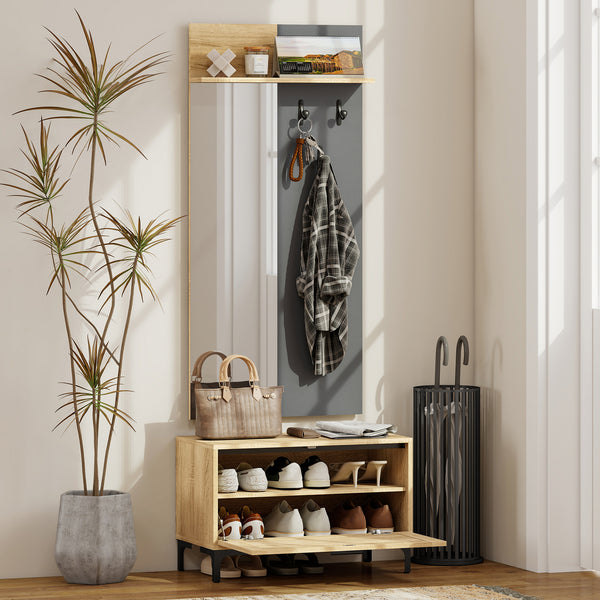 Garderobenset Flur mit Schuhbank Spiegel Regal und Haken natur grau