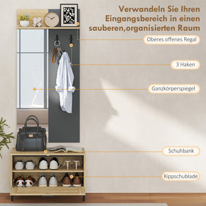 Garderobenset Flur mit Schuhbank Spiegel Regal und Haken natur grau