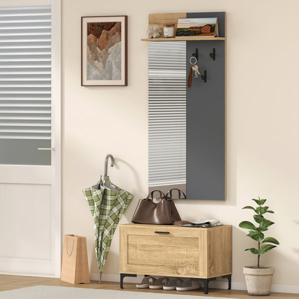 Garderobenset Flur mit Schuhbank Spiegel Regal und Haken natur grau