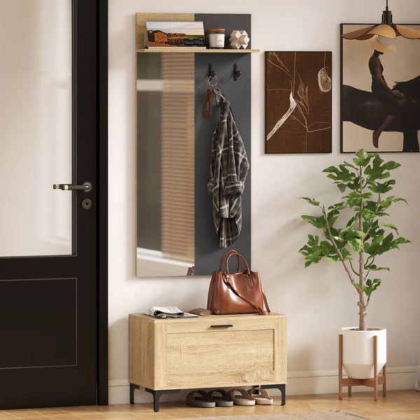 Garderobenset Flur mit Schuhbank Spiegel Regal und Haken natur grau