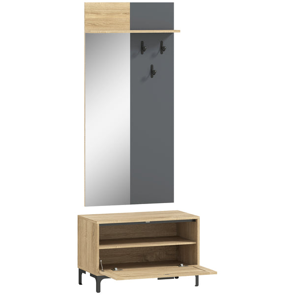 Garderobenset Flur mit Schuhbank Spiegel Regal und Haken natur grau