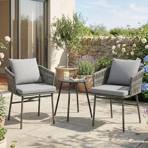 Garten Bistro-Set Rattan mit 2 Stühlen 1 Tisch und Kissen grau