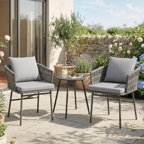 Garten Bistro-Set Rattan mit 2 Stühlen 1 Tisch und Kissen grau