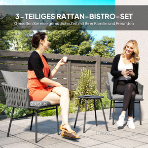 Garten Bistro-Set Rattan mit 2 Stühlen 1 Tisch und Kissen grau
