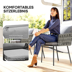 Garten Bistro-Set Rattan mit 2 Stühlen 1 Tisch und Kissen grau