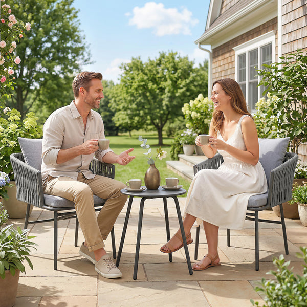 Garten Bistro-Set Rattan mit 2 Stühlen 1 Tisch und Kissen grau