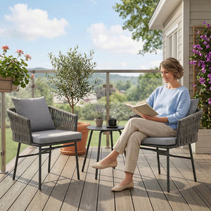 Garten Bistro-Set Rattan mit 2 Stühlen 1 Tisch und Kissen grau