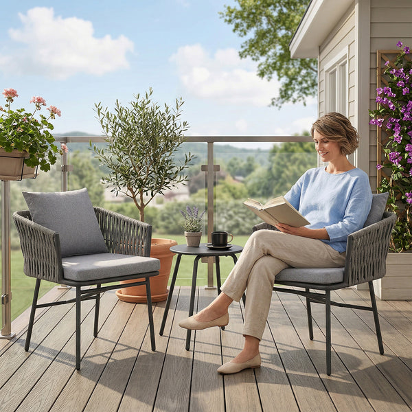 Garten Bistro-Set Rattan mit 2 Stühlen 1 Tisch und Kissen grau