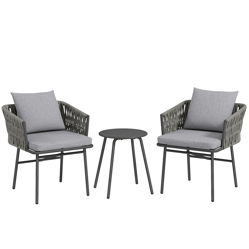 Garten Bistro-Set Rattan mit 2 Stühlen 1 Tisch und Kissen grau