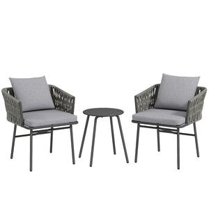Garten Bistro-Set Rattan mit 2 Stühlen 1 Tisch und Kissen grau