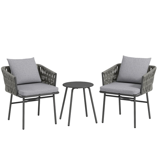 Garten Bistro-Set Rattan mit 2 Stühlen 1 Tisch und Kissen grau
