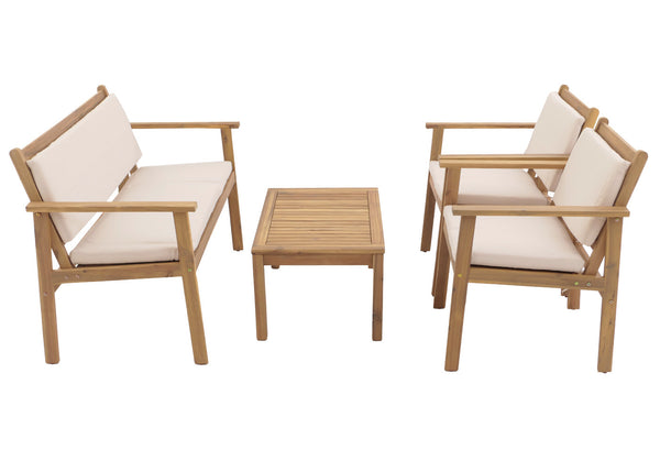 Garten-Garnitur Lounge-Set Akazie Bank Sessel Tisch Kissen beige