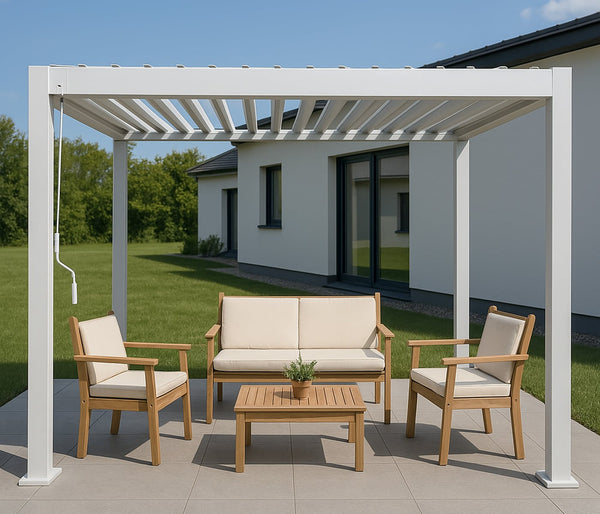 Garten-Garnitur Lounge-Set Akazie Bank Sessel Tisch Kissen beige