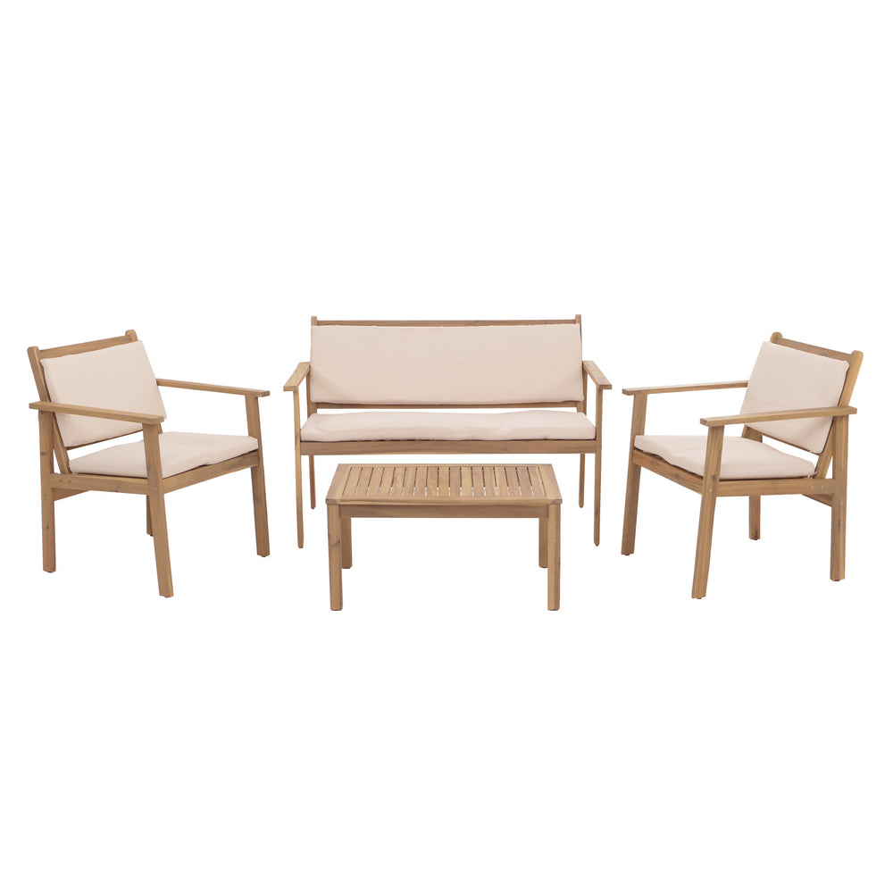Garten-Garnitur Lounge-Set Akazie Bank Sessel Tisch Kissen beige