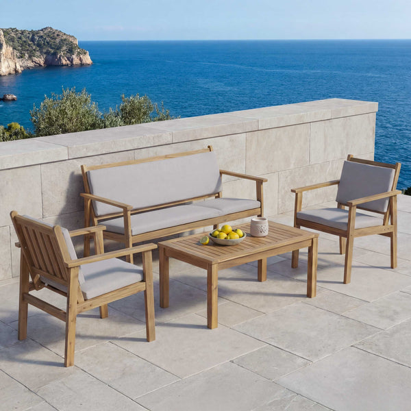 Garten-Garnitur Lounge-Set Akazie Bank Sessel Tisch Kissen grau