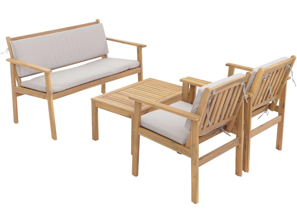 Garten-Garnitur Lounge-Set Akazie Bank Sessel Tisch Kissen grau
