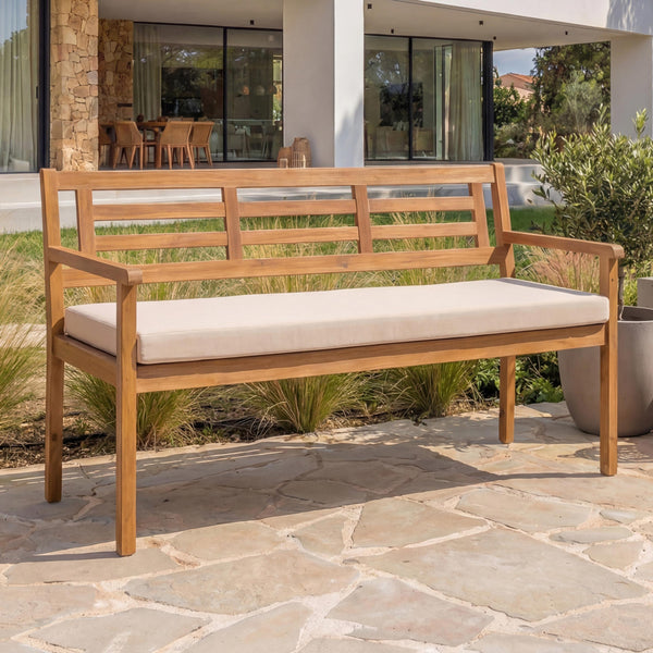 Gartenbank Akazie massiv mit Kissen beige