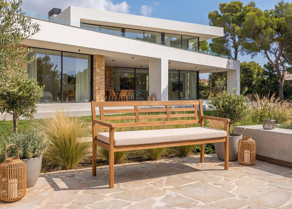 Gartenbank Akazie massiv mit Kissen beige