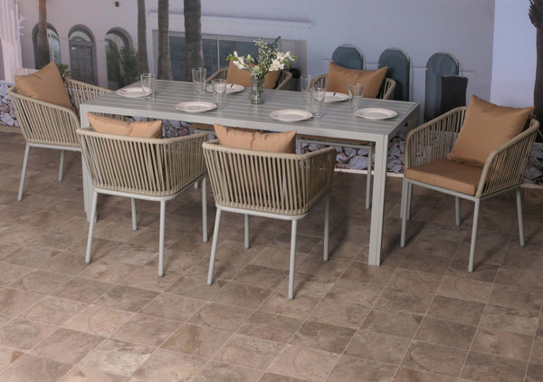 Gartengarnitur Alu wetterfest 7-tlg, Tisch & 6 Stühle grau taupe