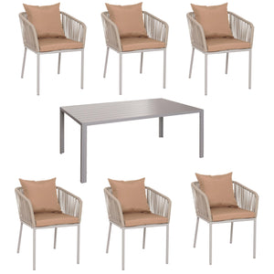 Gartengarnitur Alu wetterfest 7-tlg, Tisch & 6 Stühle grau taupe