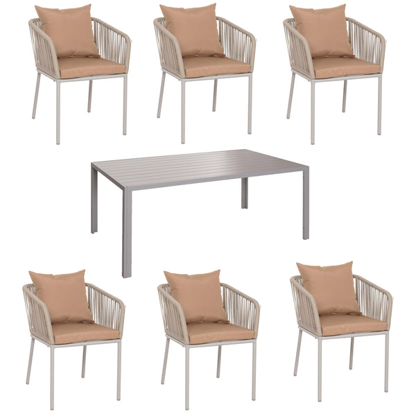 Gartengarnitur Alu wetterfest 7-tlg, Tisch & 6 Stühle grau taupe