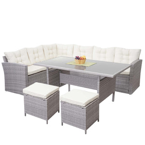 Poly-Rattan Gartengarnitur Lounge Esstisch Set hellgrau creme
