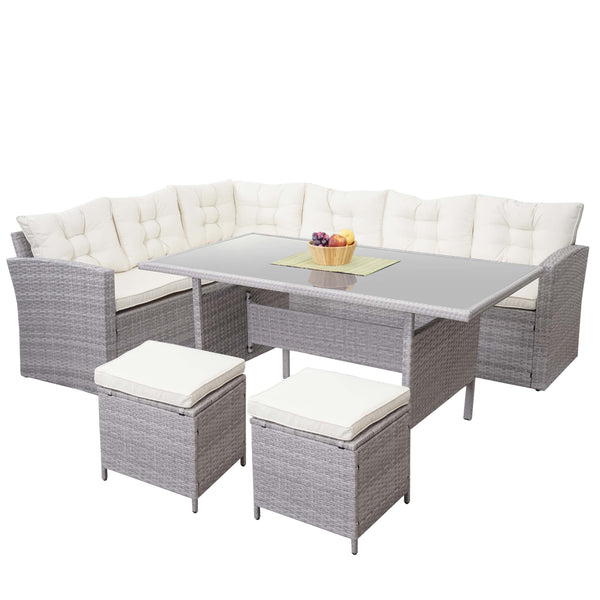 Poly-Rattan Gartengarnitur Lounge Esstisch Set hellgrau creme