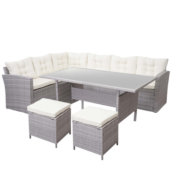 Poly-Rattan Gartengarnitur Lounge Esstisch Set hellgrau creme