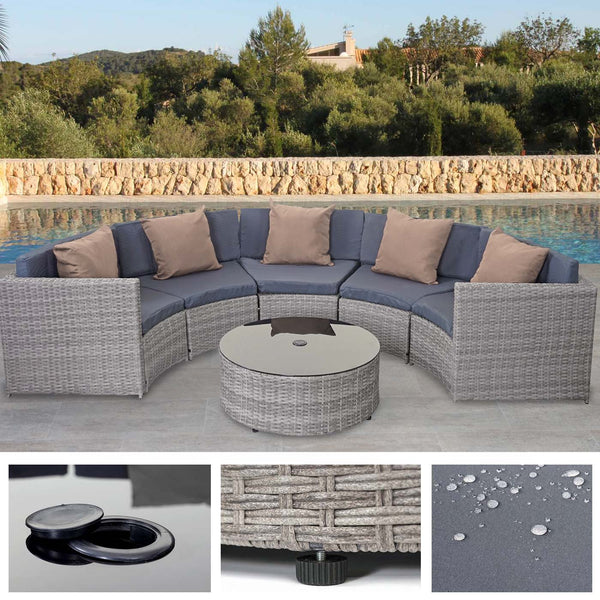 Runde Poly-Rattan Gartengarnitur grau mit dunkelgrauen Polstern