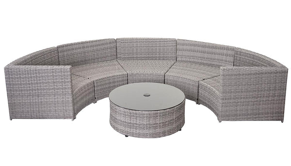 Runde Poly-Rattan Gartengarnitur grau mit dunkelgrauen Polstern