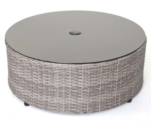 Runde Poly-Rattan Gartengarnitur grau mit dunkelgrauen Polstern