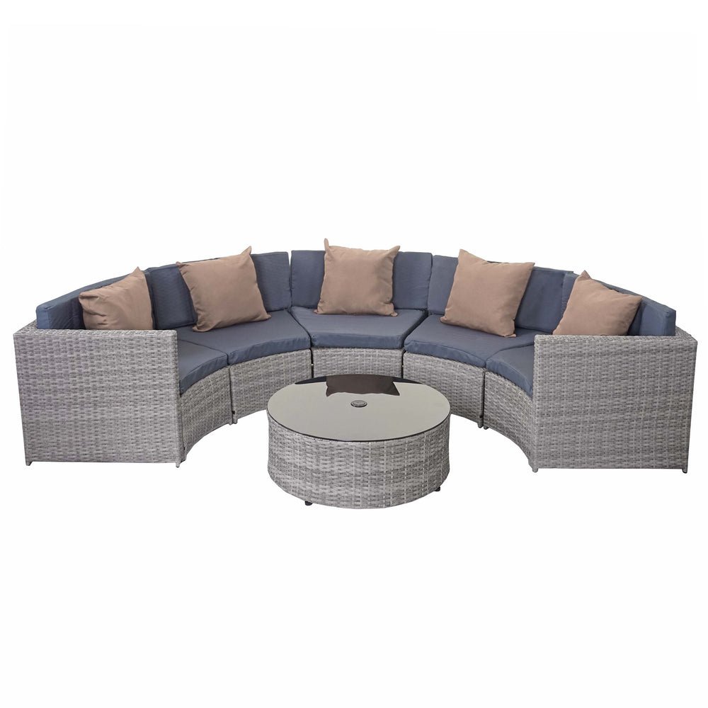 Runde Poly-Rattan Gartengarnitur grau mit dunkelgrauen Polstern