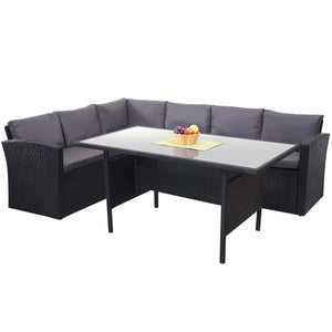 Polyrattan Gartengarnitur schwarz mit Esstisch & dunkelgrauen Kissen
