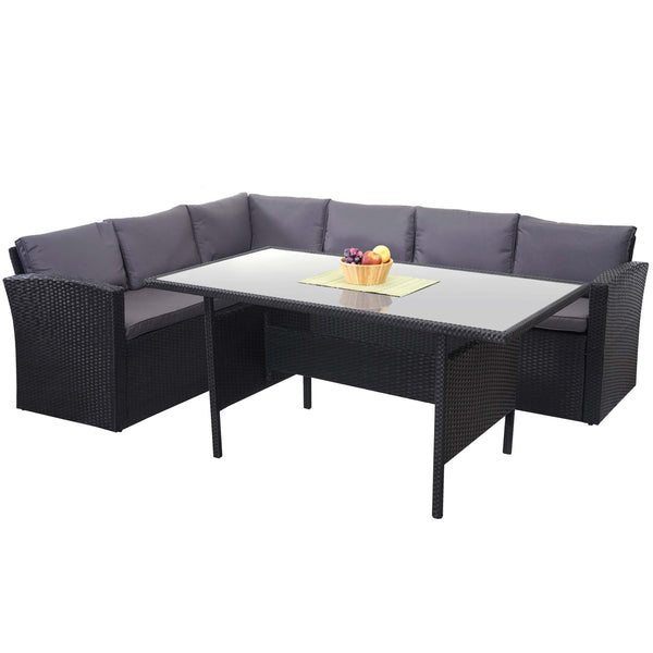 Polyrattan Gartengarnitur schwarz mit Esstisch & dunkelgrauen Kissen
