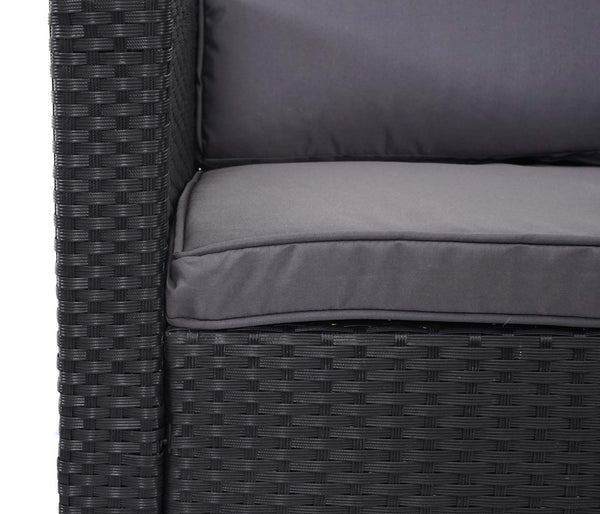 Polyrattan Gartengarnitur schwarz mit Esstisch & dunkelgrauen Kissen
