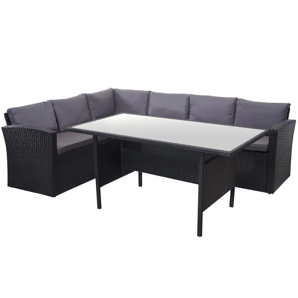 Polyrattan Gartengarnitur schwarz mit Esstisch & dunkelgrauen Kissen