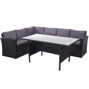 Polyrattan Gartengarnitur schwarz mit Esstisch & dunkelgrauen Kissen