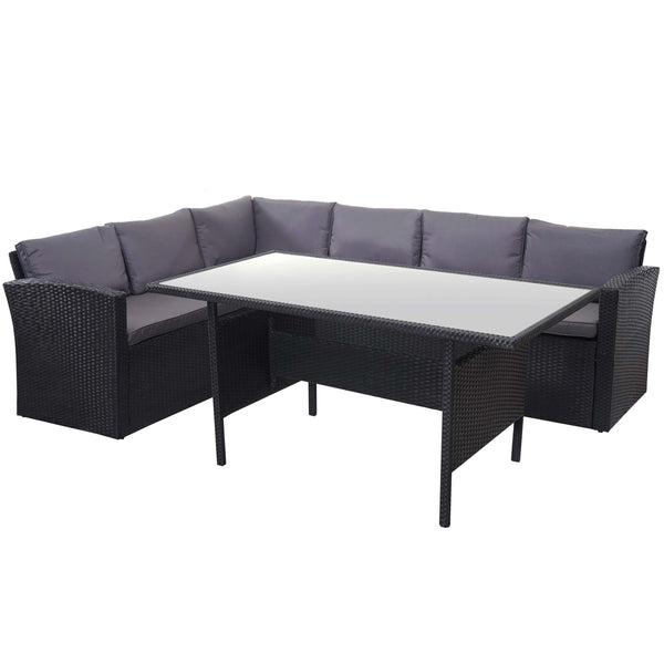Polyrattan Gartengarnitur schwarz mit Esstisch & dunkelgrauen Kissen