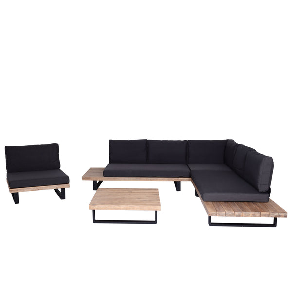 Gartengarnitur Lounge-Set aus Akazienholz & Aluminium, Polster dunkelgrau
