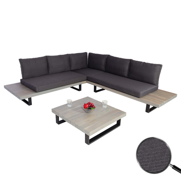 Garten Lounge-Set aus Akazienholz & Alu, grau, dunkelgraue Polster
