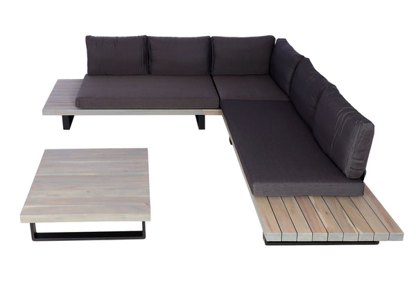 Garten Lounge-Set aus Akazienholz & Alu, grau, dunkelgraue Polster