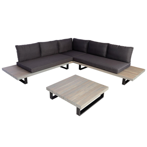 Garten Lounge-Set aus Akazienholz & Alu, grau, dunkelgraue Polster