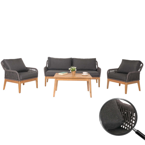 Garten Lounge-Set dunkelgrau, Akazienholz & Rope, Sofa Sessel Tisch