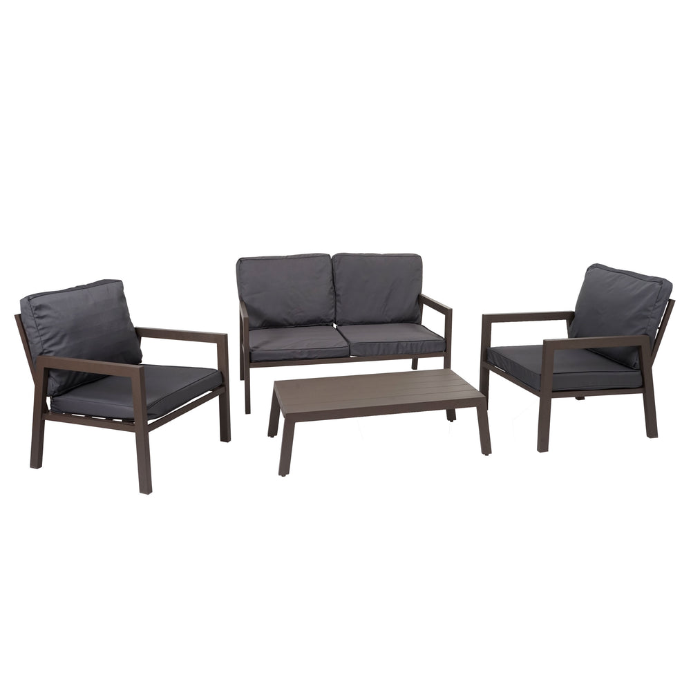 Gartenlounge Set aus Metall mit grauen Polstern, Sofa & Sessel