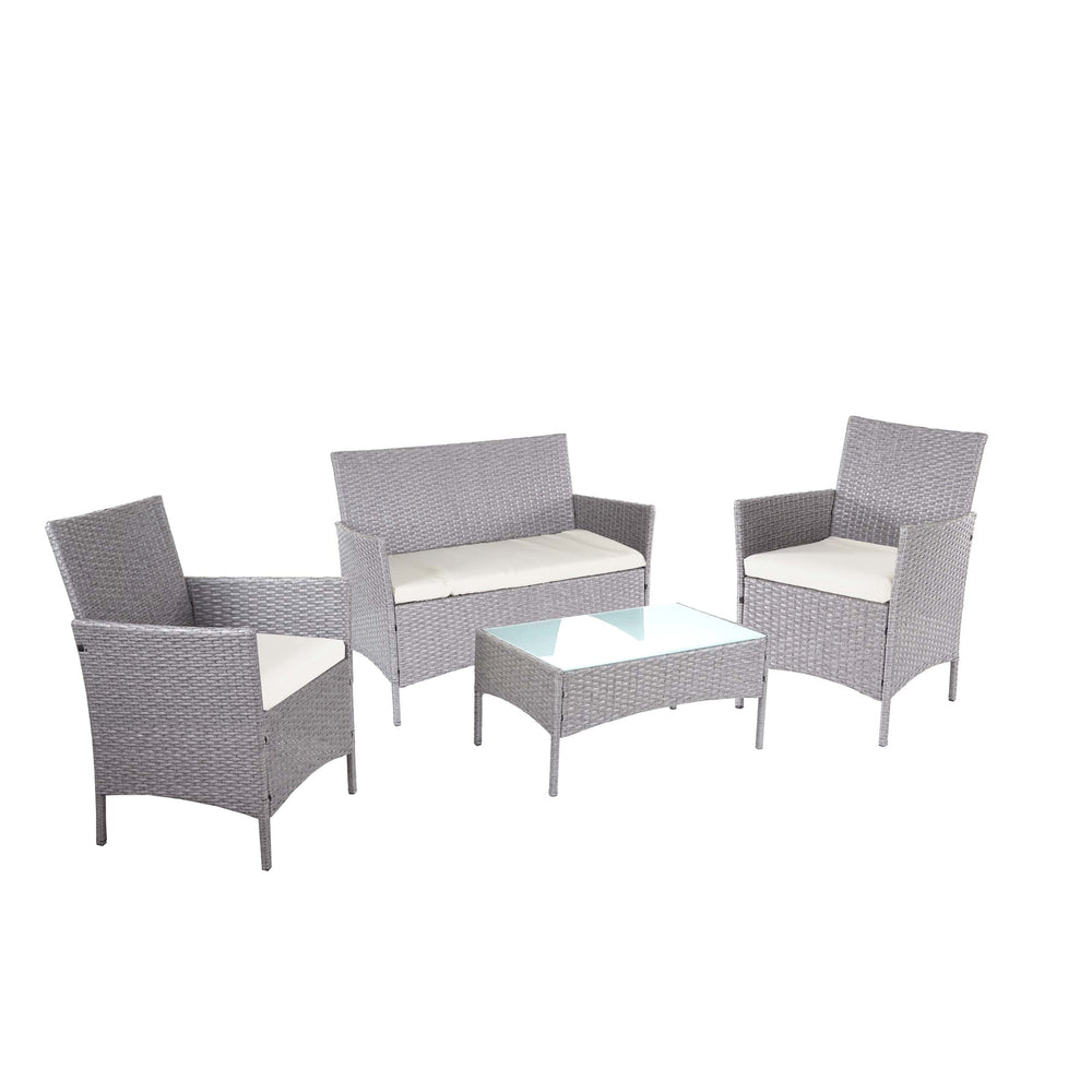 Garten Lounge-Set 2-1-1 Poly-Rattan Sofa. Grau mit Creme Kissen