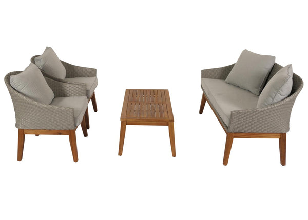 Garten Lounge Set aus Poly-Rattan & Akazienholz grau, inkl, Kissen