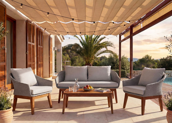 Garten Lounge Set aus Poly-Rattan & Akazienholz grau, inkl, Kissen